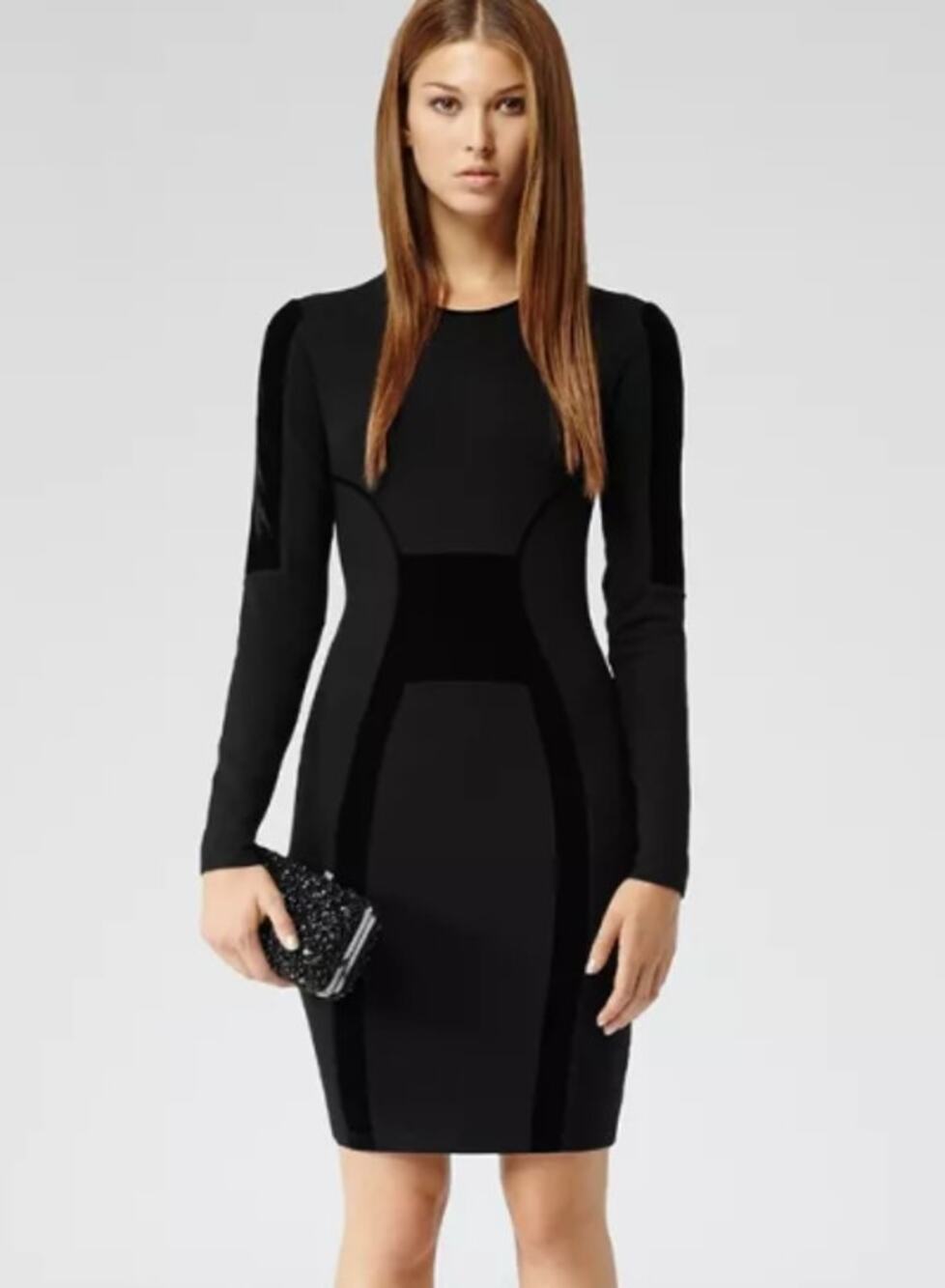REISS Tigre Mini Dress Velvet Trim Crew Neck Long Sleeve Fitted, Black